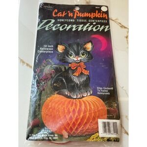 Vintage Eureka Black Cat'n Pumpkin Halloween Honeycomb Decor Centerpiece 10 in